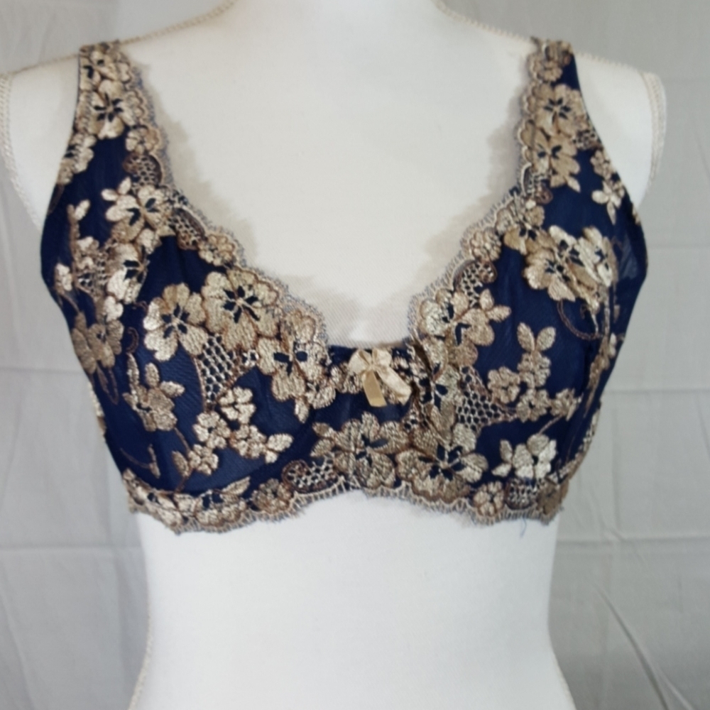 Blue and silver laced underwire mesh bra